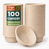 HAAGO - 100 Cuencos Aperitivos Desechables Bagazo de Caña de Azúcar - Ecológicos, Vajilla Biodegradable - Perfectos para Celebraciones y Fiestas, Cuencos Desechables - 500ml