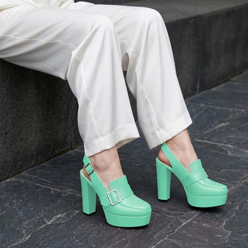 Image of Women's High Heel Loafers Platform Pumps Round Toe Heels Chunky Heel Pumps Stylish Comfortable 4.8 Inch Slingback Heels