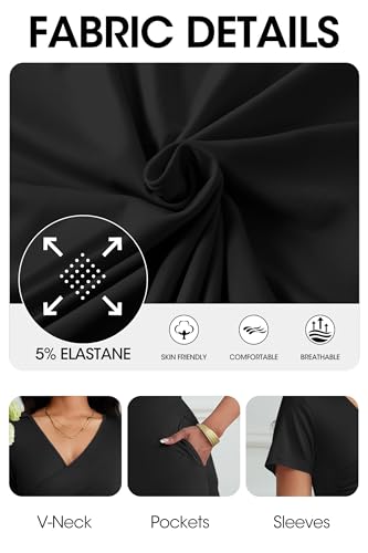 Image of Nmoder Casual Wrap Midi Dresses for Women Wedding Guest Cocktail Tea A-Line Swing Dresses V Neck Short Sleeve with Pockets Black L