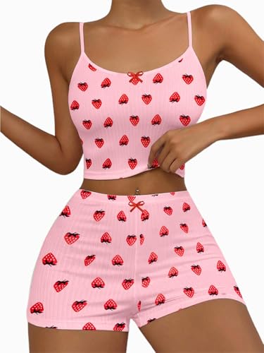 Image of Hilinker Womens Graphic 2 Piece Pajama Set Summer Cute Crop Cami and Shorts Ribbed Lounge Sets
