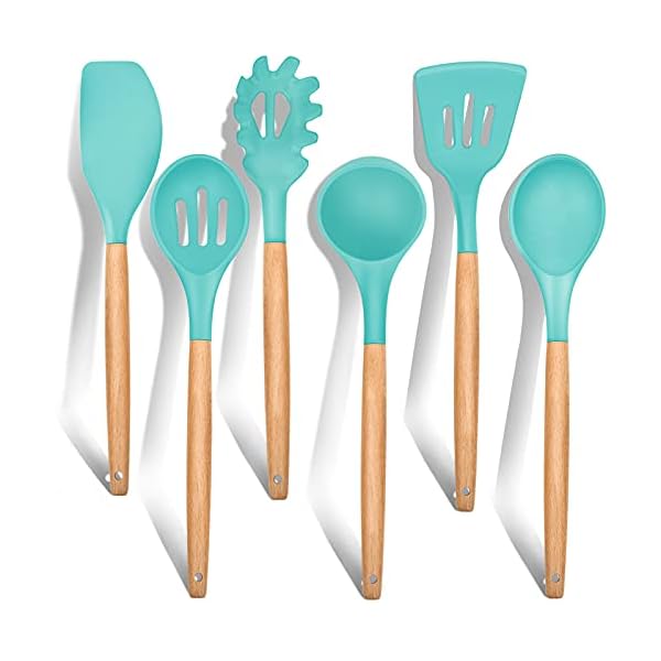 Cooking Utensils Set of 6, E-far Silicone Kitchen Utensils with Wooden Handle, Non-stick Cookware Friendly, Includes Spatula/Ladle/Slotted Turner/Serving Spoon/Spaghetti Server(Turquoise) Cooking Utensils Set of 6, E-far Silicone Kitchen Utensils with Wooden Handle, Non-stick Cookware Friendly, Includes Spatula/Ladle/Slotted Turner/Serving Spoon/Spaghetti Server(Turquoise)