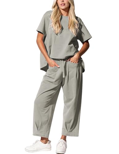 IQSQSQ Women’s Lounge Set 2 Piece Short Sleeve Top Barrel Wide Leg Pants Comfy Matching Travel Outfit(Grey-S)