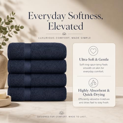 Image of Sulfar 100% Combed Cotton, Quick Drying Highly Absorbent Thick Bathroom Towels, Luxury Bath Towel Set (Pack of 4, 70 X 140 cm) - 600 GSM (Navy)
