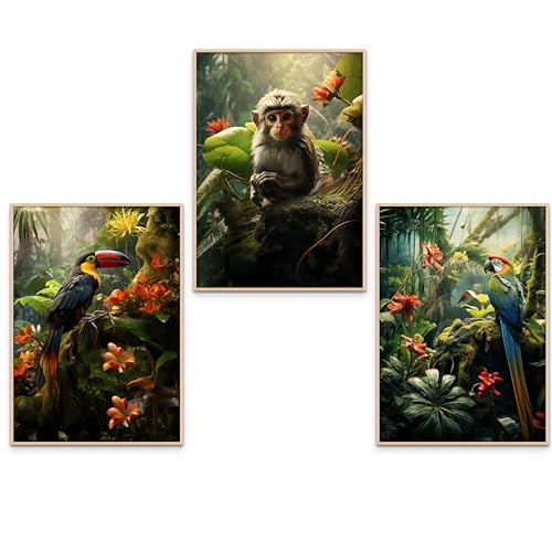 GrowArt - Poster 3 photos de singe, toucan et perroquet au format A3 sans cadre | impression photo de haute qualité | décoration murale exceptionnelle pour les...