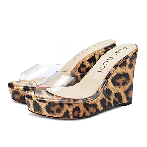 Aachcol Women Platform Sandals Clear Peep Open Toe Slip-on Wedge High Heel Dress Shoes Office Party Wedding Patent 4 Inch4