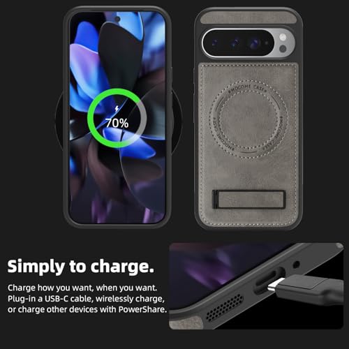 Image of Lunivop for Google Pixel 9 Pro XL Case Leather [Compatible with Magsafe Wireless Charging] Magnetic Cover Stand Funda para Google Pixel 9 Pro XL 6.8 '' 5G 2025 Rugged Best Phone Cases Gray