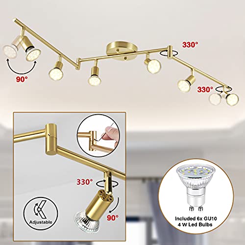 Jqire 6-Light Led Track Lighting Kit,Brushed Gold Finish 6 Way Ceiling Spotlight,Flexibly Rotatable Light Heads Modern Foldable Track Light Fixtures For Living Room,Hallway-Included 6 Led Gu10 Bulbs #TOP1