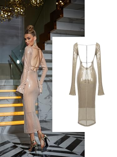 meilun Deep V Dress with Drawstring Long Sleeve Sequin Dress for Women Long Gown2