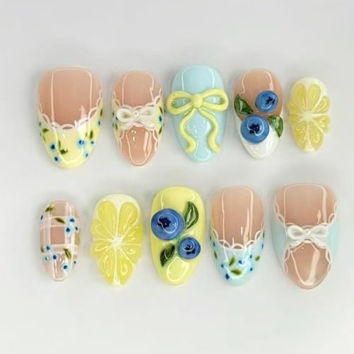 30Pcs Spring French Tip Press On Nails Short Almond Shape 3D Lemo...