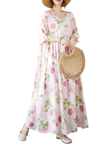 Image of Women's Plus Size Casual Dresses Pink Floral Print Loose Maxi Dress Short Sleeve O Neck Lounge Dress