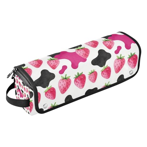 Organizador para herramientas de cabello 2 en 1 con almohadilla resistente al calor, estuche de viaje de doble capa para planchas, rizadores, y estilizadores, color rosa con diseño de vaca y fresas