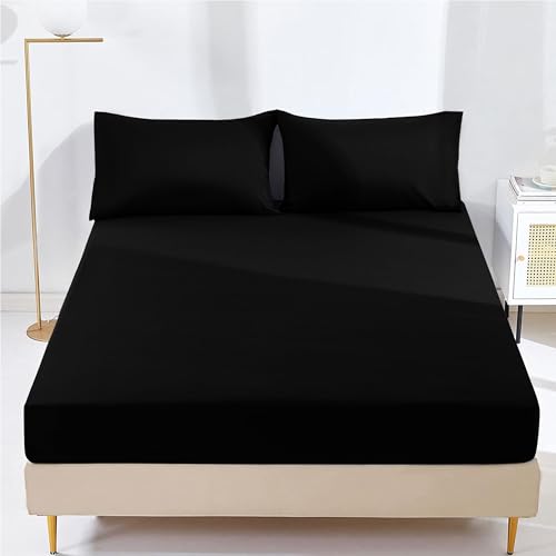 AR Ware 25 cm Double Fitted Sheet - Super Soft Wrinkle Free Microfiber Bed Sheets - Non Iron Breathable Plain Dyed Fitted Sheets (Black)