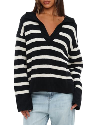 Darong Womens Oversized Striped Pullover Sweaters Polo V Neck Knitted Pullover Tops Fall Fashion Clothes