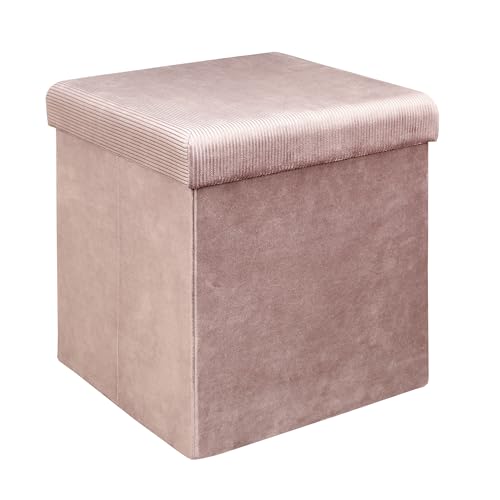 HOME DECO FACTORY   HD6812 Baúl Puf Plegable Terciopelo Acanalado Rosa, Almacenamiento Práctico, Diseño Moderno, Salón o Dormitorio, 38 x 38 x 38 cm, Rosa Empolvado