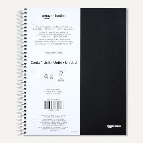 Image of Amazon Basics College-Ruled 3-Subject Spiral Notebook, 150 Sheets, 8.5 x 11 inches, Black