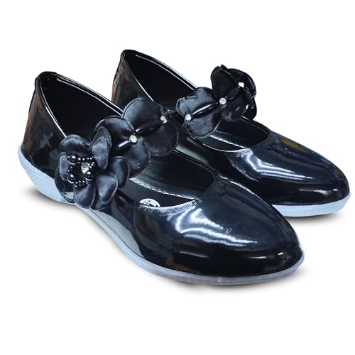 Image of Girls' Patent Mary Jane Shoes with Floral Embellishment, Attractive Colour's, Pearl Flower Welcro Bellies |DMND-3|