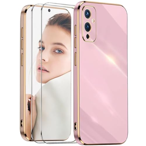 ATISIJIE Funda para OnePlus 9 5G,Antigolpes Carcasa Flexible de Silicona Suave con 2× Cristal Templado,Diseño Marco Dorado Cubierta Protectora-Púrpura