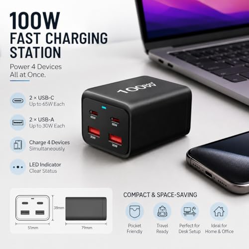 Image of CUBONIC 100W GaN Charging Station, 4-Port Desktop Charger with 2 USB-C & 2 USB-A Ports, Multi Device Charging Hub for Laptops, Smartphones, Tablets, Wearables & USB Powered Electronics