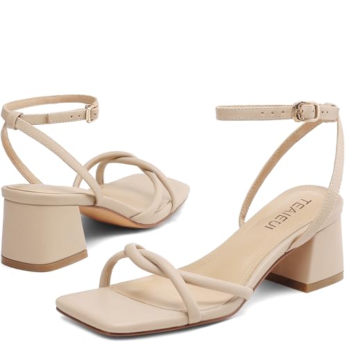 Image of TEAIEUI Chunky Heels for Women, Square Open Toe Heeled Sandals, Strappy Ankle Strap Shoes for Dress, Party, Prom, Block Low Heel 2 inch