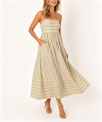 Image of chouyatou Women's Striped Back Smocked Maxi Dress Sexy Spaghetti Strap Cut Out Flowy Swing Long Dress