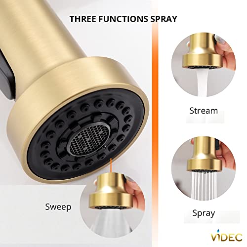 VIDEC Touch-Less Kitchen Faucet, 3 Modes Pull Down Sprayer, Sensor Activated, LED Temperature Control, 360-Degree Rotation, 1 or 3 Hole Deck Plate. 10-Year Warranty.(Matte Gold, KW-79J) by VIDEC - Image 3