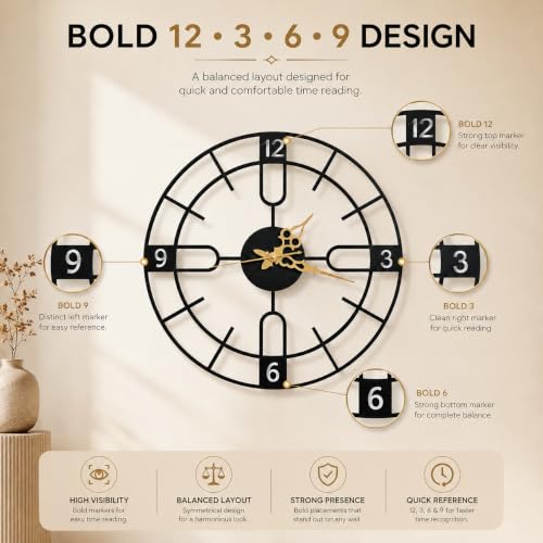 Image of 40 cm Metal Wall Clock, Black | Silent Non-Ticking, Skeleton Design, Modern Iron Analog, For Living Room, Bedroom, Hall, Office & Home Decor