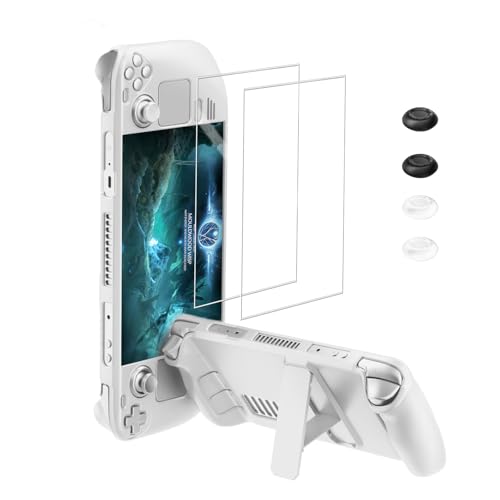 Image of bibuks Steam Deck Case,Steam Deck OLED Protective Case,Non-Slip Skin Protective Shell Accessories,Steam Deck Case with Kickstand ,2 Screen Protector, 4 Thumb Grip (White)