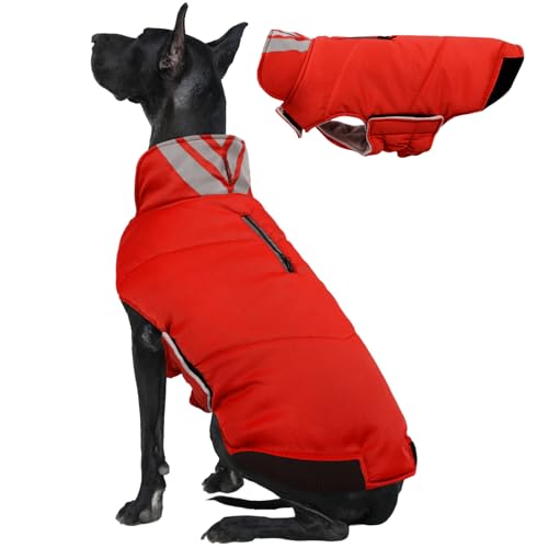 Kuoser Dog Coat Large, Cold Weather Reflective Waterproof Dogs Jacket with Warm Fleece Lining, Turtleneck Dog Winter Coat with Zipper, Doggy Snow Jacket Pet Coats for Small Medium Large Dogs, Red 2XL