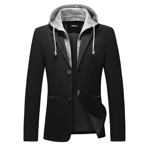 KUDORO Herren Sakko Anzugjacke Slim Fit Freizeit Baumwolle Sportlich Kapuzen Blazer Herren 2 Knöpfe(Schwarz,L)