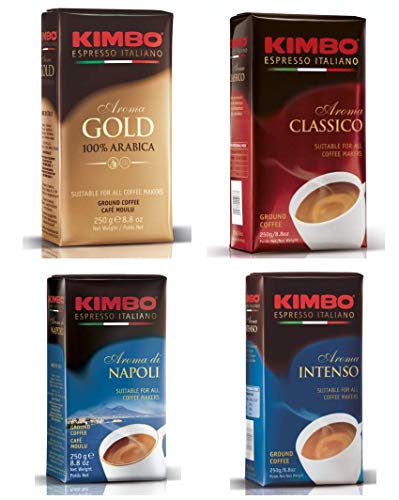 Kit de Paquetes de Café Molido Kimbo con 2 x Aroma di Napoli, 2 x 100% Arabica Gold, 1 x Aroma Intenso, 1 x Aroma Classico, 6 Paquetes de 250g