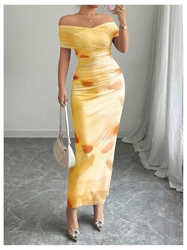 Floerns Women's Mesh Off The Shoulder Dress Ruched Wrap Front Bodycon Maxi Party Dresses4