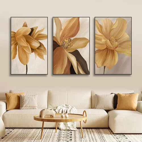 Affiches modernes de grandes fleurs jaunes avec cadre intérieur bois x3