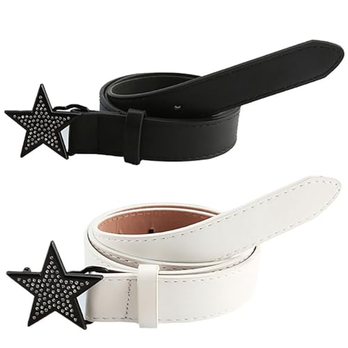 Women's Faux Soft Leather Waist Belt Skinny Thin with Five Stars Black-Buckle for Youth Girls Dress Jeans Pants