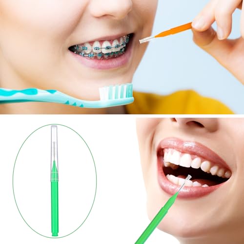 Image of Patelai 100 Pieces Braces Dental Brush for Cleaner Interdental Toothpick Dental Tooth Flossing Head Oral Hygiene Flosser Toothpick Cleaners Tooth Tool(Green,Orange,Mixed Size)
