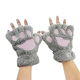 Faxianther Katzenpfoten Handschuhe Plüsch Fingerlose Handschuhe Tier Katze Krallen Halbhandschuhe Flauschig Winterhandschuhe für Halloween Weihnachten Cosplay (Grau)