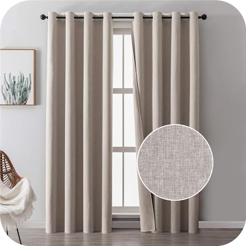 MRTREES Opaque Thermal Curtains with Eyelets 100% Blackout Curtain Eyelet Curtain Linen Short Beige 228 x 117 cm (H x W) for Living Room Children's Room Bedroom in Modern Style Set of 2