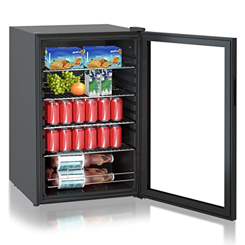 Heinrich´s Getränkekühlschrank, 5 bis18°C, 115Liter/4 Ablagen/41db Mini Kühlschrank mit Glastür kompakt und leise: 41dB, LED-Innenraumbeleuchtung, perfekt geeignet für Büro Camping Garten