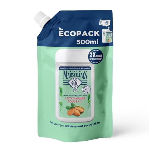 Le Petit Marseillais® | Recharge Extra Douce Crème de Douche Lait d'Amande Douce Bio (Écopack de 500ml) - Rechargez 2 fois votre Crème de Douche - 92% d'ingrédients d'origine naturelle.