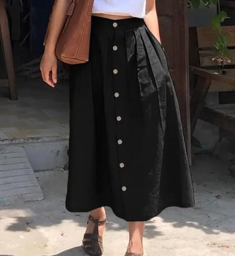 chouyatou Women's High Waisted Button Front Skirt A-Line Pleated Cotton Midi Long Skirt with Pockets3