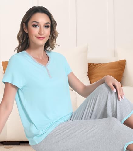 Image of NACHILA Bamboo Viscose Pajamas for Women Pleated Ruffle Tank Top Pjs Set