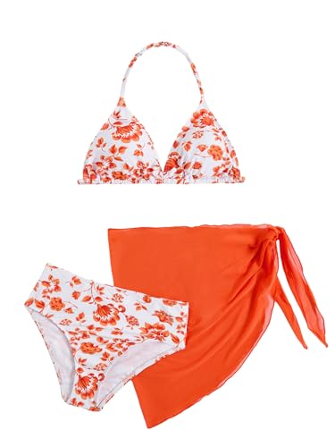 Image of Milumia Girl's 3 Piece Bikni Set Ditsy Floral Halter Swimsuit with Cover Up Skirts