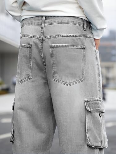 Image of Ben Martin Men's Denim Cotton Cargo Jeans || Stretchable Baggy Fit || High Waist Loose Cargos for Men with Box Pockets || Stylish Gen-Z Streetwear || Sizes 28-40 || Black, Khaki, Grey & More