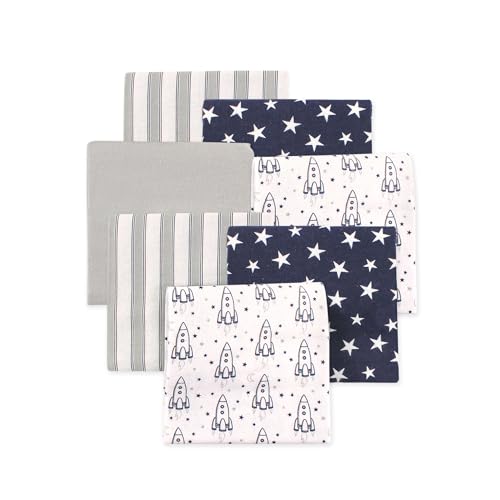 Image of Little Treasure Hudson Baby Cotton Poly Flannel Receiving Blankets Multipack, Blue Rocket Ship, 30x30 inches