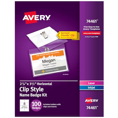 Image of Avery Customizable Name Badges, Clip Style, 2.25 inch x 3.5 inch, Clear Name Tag Holders, White Laser /Inkjet Printable Inserts, 100 per Pack, 500 Total (5 Packs of 74461)