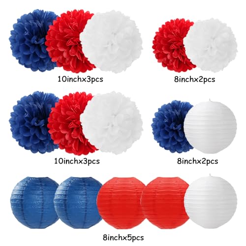 Image of Fourth-4th Of July Imemorial-Day Party-Decorations - 15pcs Red White Blue Paper-Flowers Lanterns,Patriotic Graduation Tissue Pom Poms Streamers,Independence Veterans Hanging Supplies Decor Hugfond
