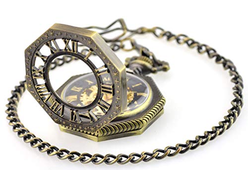 OIFMKC Pocket watch Retro Steampunk Hexagonal Roman Number Pocket Watch with FOB Chain Vintage Fob Watch Mechanical Pocket Watch Whoessale steampunk buy now online