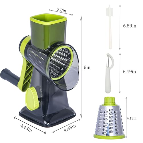 Rotary-Cheese-Grater-Cheese-Shredder-Cheese-Grater-Handheld-with-Strong-Suction-BaseKitchen-Vegetable-Slicer-3-Replaceable-Stainless-Drum-Blades-for-Fruit-Food-NutsEasy-to-Use-Clean-Green