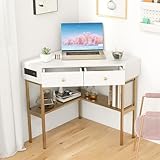 IFANNY Corner Desk with Power Outlet, 90 Degrees Triangle Desk w/Storage Shelves and Drawers, Corner Makeup Vanity Table, Corner Desks for Small Spaces, Small Corner Desk for Bedroom, Study (Gold)