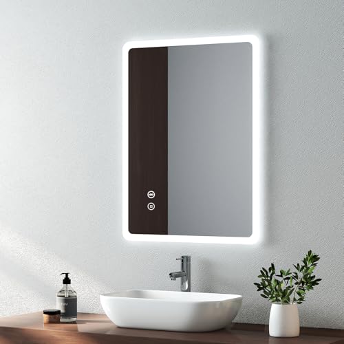 EMKE 450 X 600 mm Backlit Illuminated Bluetooth Bathroom Mirror with Shaver Socket, Wall Mounted Multifunction Bathroom Vanity Mirror with LED Lights and Demister Pad, Energy-Saving LED Smart Mirrors - Cosy Home Interiors EMKE 450 X 600 mm Backlit Illuminated Bluetooth Bathroom Mirror with Shaver Socket, Wall Mounted Multifunction Bathroom Vanity Mirror with LED Lights and Demister Pad, Energy-Saving LED Smart Mirrors