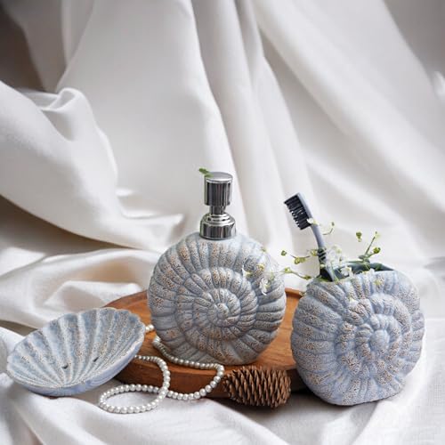 Image of Premium Ceramic Bathroom Accessories Set of 3 | Shell Hand-Painted Luxury Bath Set with 300ml Liquid Soap Dispenser, Toothbrush Holder & Soap Tray (Grey & Beige with Spiral Shell)